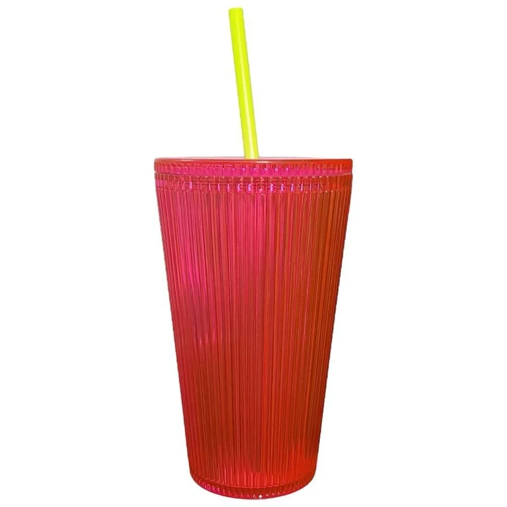 NWT Starbucks Dragonfruit Neon Pink Cold Cup Tumbler Grande Pleated Ribbed 16 oz